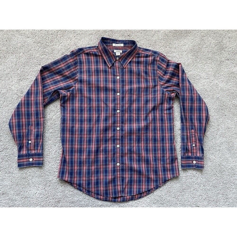 LL BEAN Womens Large Wrinkle Free Blue Orange Plaid Button Up Shirt Long Sleeve